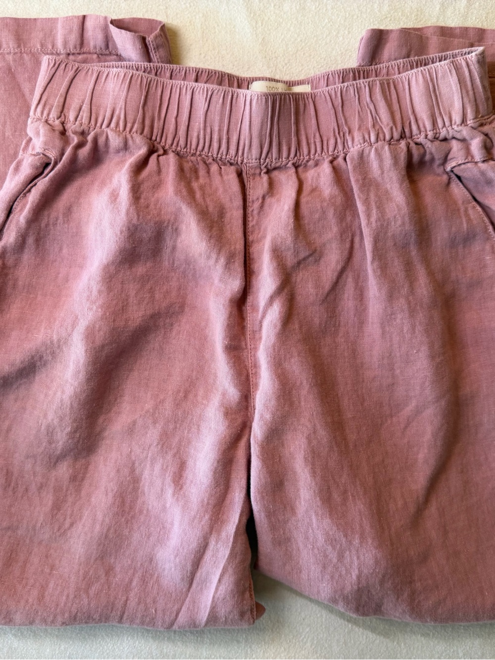 Cynthia Rowley Washed Mauve Elastic-Waist 100% linen pants